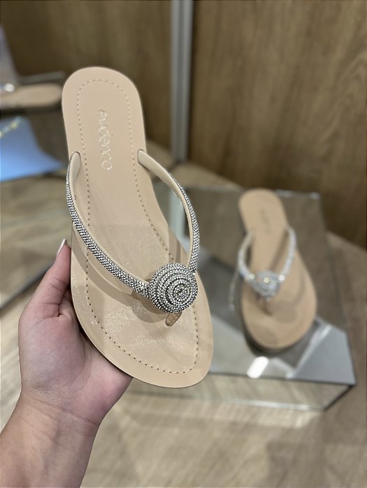 Rasteira Bege Com Tira Em Strass Prata Suzan