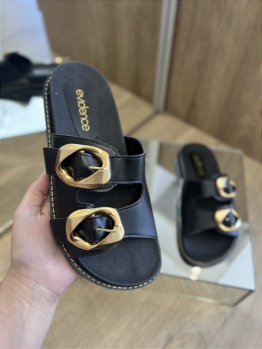 Birken Preta Duas Tiras Fivela Dourada Vivi