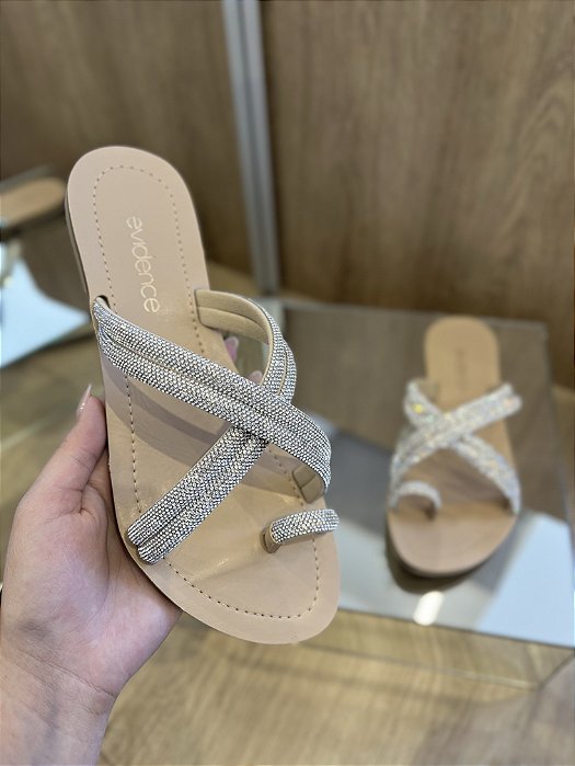 Rasteira Bege Com Tiras Em Strass Prata Tamy