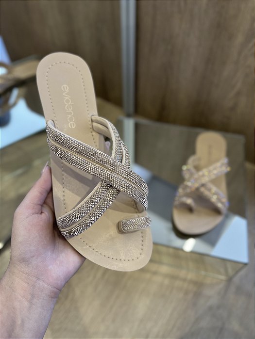 Rasteira Bege Com Tiras Em Strass Rosê Tamy