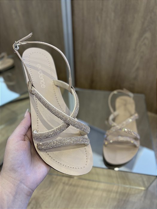 Rasteira Bege Tiras Strass Rosê Agata