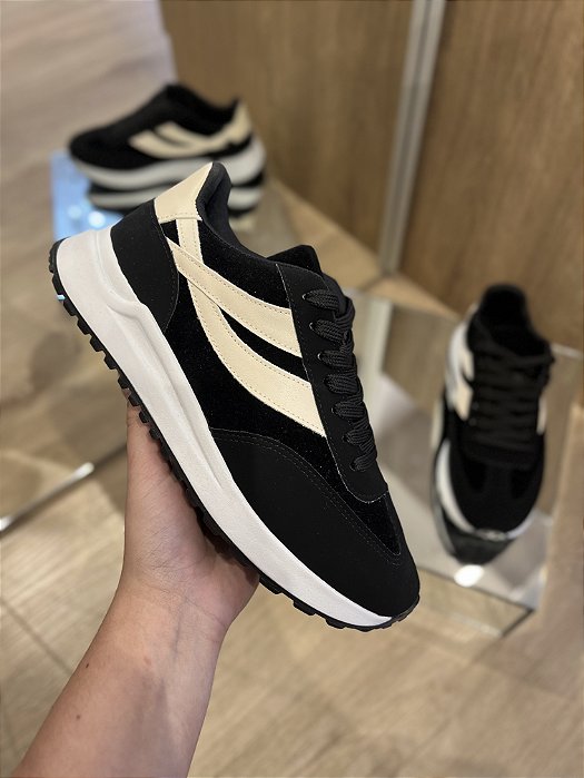 Tênis Casual Camurça Recortes Camurça Preto Estela