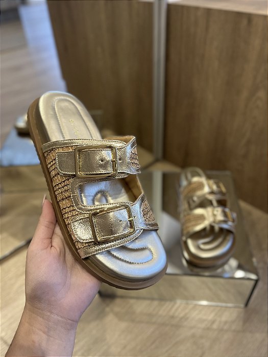 Papete Dourada Em Couro Com Fivela Dourada Mel