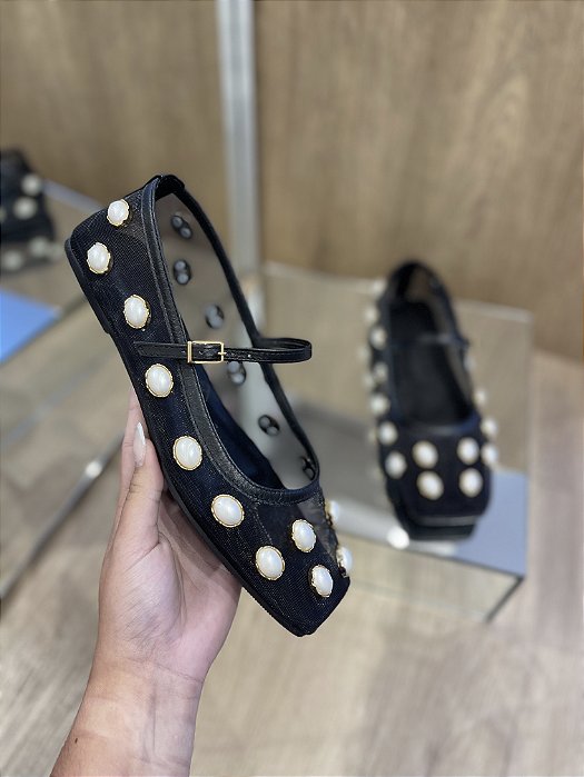 Sapatilha Preta Couro Tela/Pedras Jani