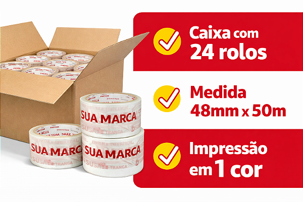 Fita Adesiva Personalizada 48mm x 50m (Caixa com 24 rolos) - Impressão em 1 cor