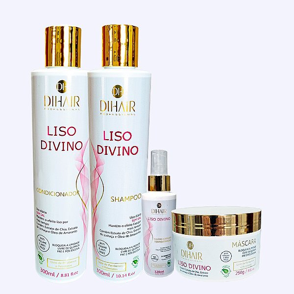 Kit Liso Divino Shampoo 300ml, Cond 300ml, Máscara 250g e Fluido Termoativado 120ml - DIHAIR