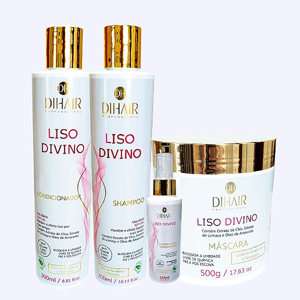 Kit Liso Divino Shampoo 300ml, Cond 300ml, Máscara 500g e Fluido Termoativado 120ml - DIHAIR