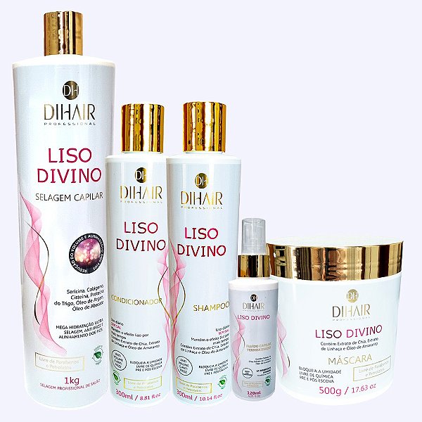 Kit Liso Divino Selagem 1Kg, Shampoo 300ml, Cond 300ml, Máscara 500g e Fluido Termoativado 120ml - DIHAIR