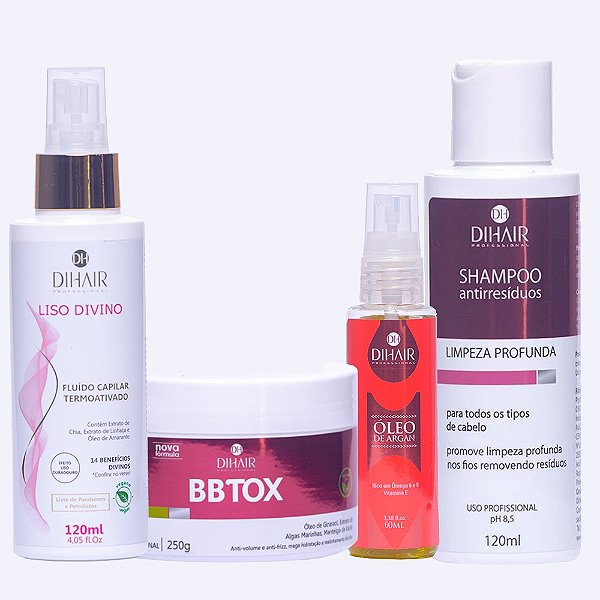 Kit Bbtox 250g, Shampoo antirresídudos, Fluido Liso Divino 120ml e Óleo de Argan 60ml - DIHAIR