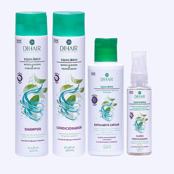 Kit Equilíbrio: Shampoo, Concionador, Esfoliante e Fluído Fortalecedor - Dihair