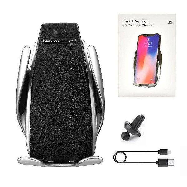 Suporte Carregador Veicular Qi Smart Sensor Wireless Charger S5 Indução Movimento Automático