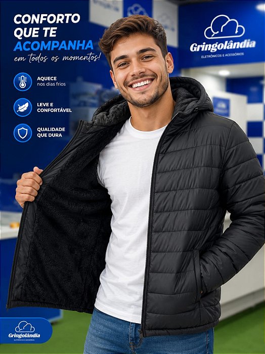 Casaco Puffer Masculino com Capuz e Forro Peluciado KA-2227P – Preto
