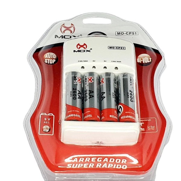 Carregador De Pilhas + 4 Pilhas AA 2600 Mah MOX MO-CP51