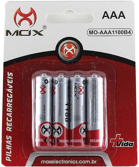 Pilha Recarregável AAA 1000 MAH com 4 unidades MOX-MO-AAA1000B4