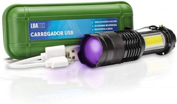 Mini Lanterna LED Recarregável Luz Negra USB Zoom Camping, Trilha, Pesca Luatek LT-408