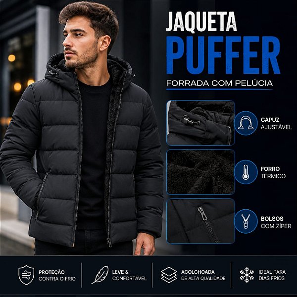 Casaco Jaqueta Puffer Masculina Forrada Com Pelúcia Sherpa e Capuz – Preta 1596
