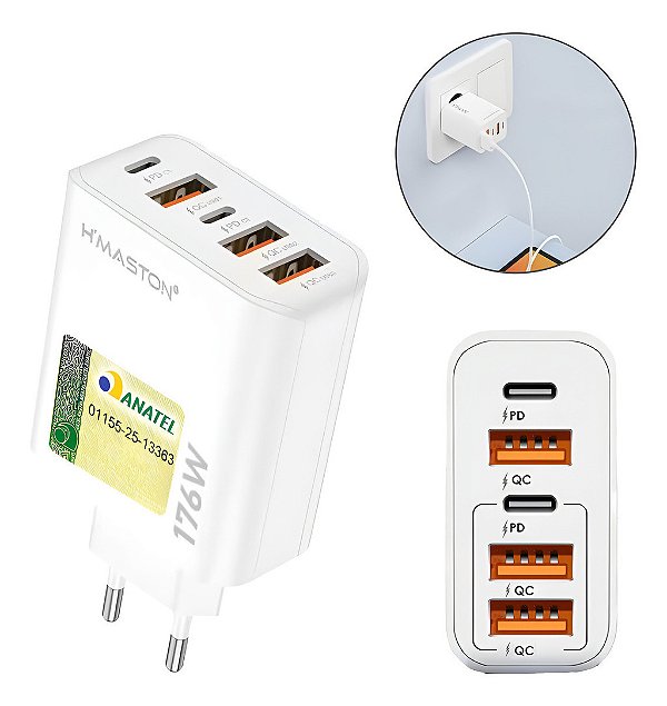 Fonte Carregador Turbo 176W / Saída 3 USB + 2 TYPE-C H'maston Y72-4