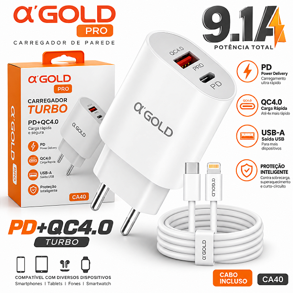Carregador α’GOLD Pro CA40 9.1A – PD + QC4.0 Turbo CA40/IOS