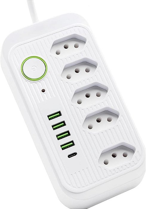 Extensor De Tomadas e Carregamento 5 Portas 2 USB + 2 TYPE-C Cabo 2 Metros ST-864 Mantenha Tudo Conectado Starmega
