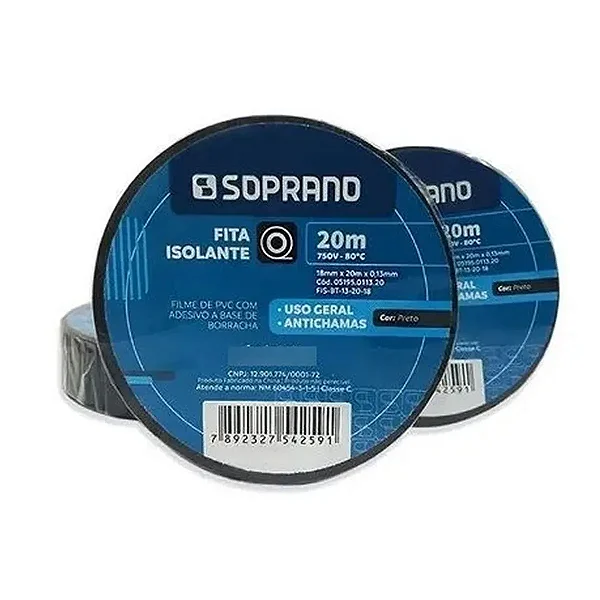 Fita Isolante Preta Soprano Rolos De 20 Metros 750v-80c Uso Geral Antichamas