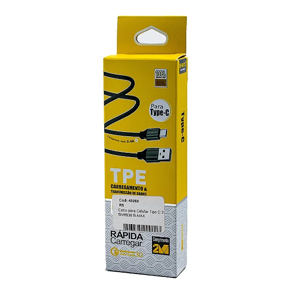 Cabo Para Celular Tipo C 2m BM8630 B-MAX - Preto