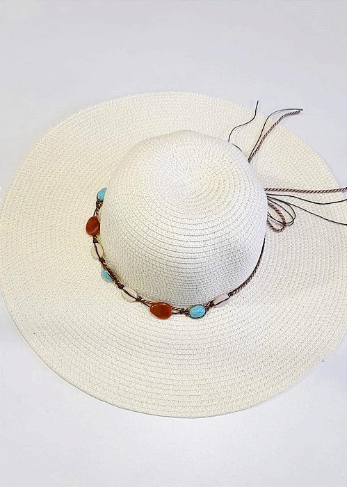 Chapéu de Praia Grande  Com Enfeite de Cordão Com Contas de madeira Cor Caramelo B40