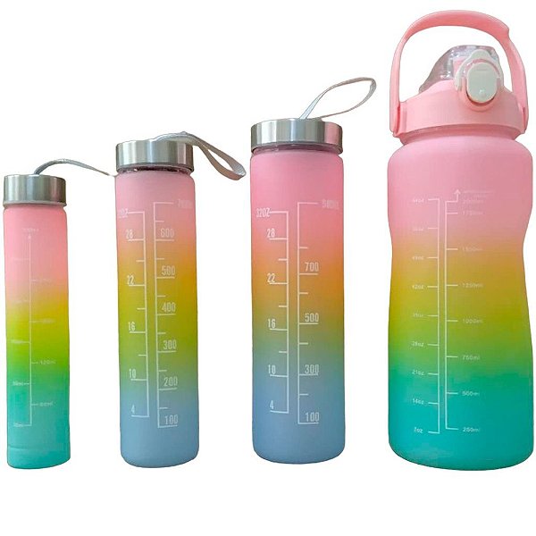 Kit 4 Garrafas de Água Frases Motivacionais 2L, 900ml, 700ml e 300ml Com Marcador e Canudo K4GA-2-900-700-300