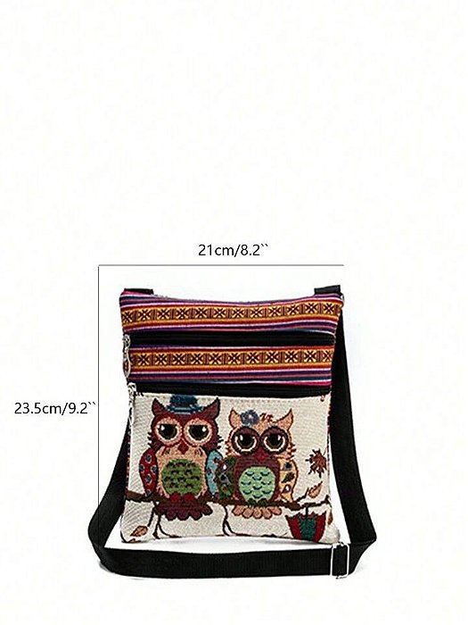 Bolsa Indiana Pequena Transversal Estampada Com Coruja e Elefante BOLSA-CORUJA