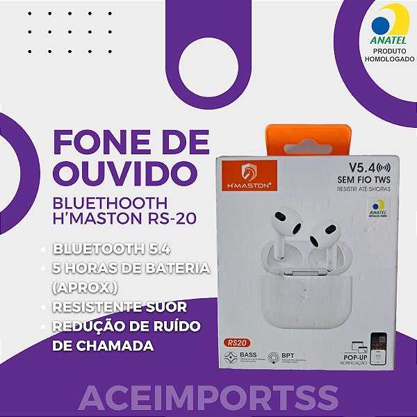 Fone De Ouvido Bluetooth V5.4 / TWS / BASS / Bateria Até 5h FOB-RS20