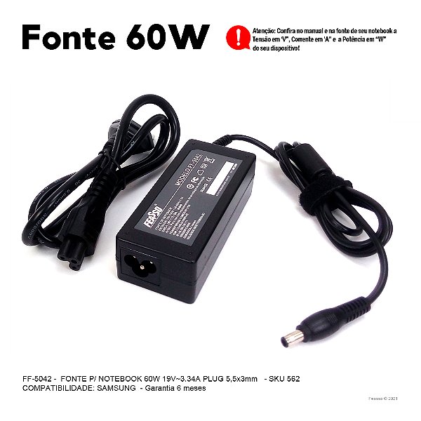 Fonte P/ Notebook 60W 19v 3.16A Plug5, 5,3.0 FF-5042