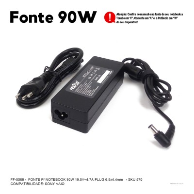 Fonte P/ Notebook 90W 19.5v 4.7A Plug6, 5x4.4 FF-5068