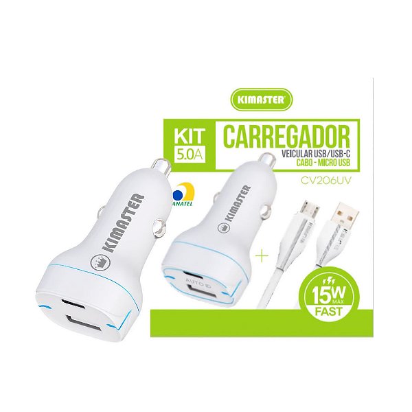 Kit Carregador Veicular 15W Auto Id + Cabo Usb-A/Micro Usb 20W CV206UV