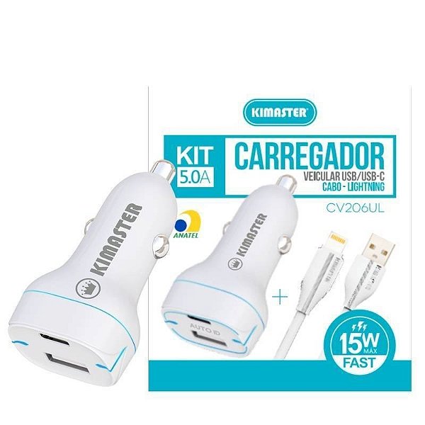 Kit Carregador Veicular 15W Auto Id + Cabo Usb-A/Lightning 20W Cv206Ul
