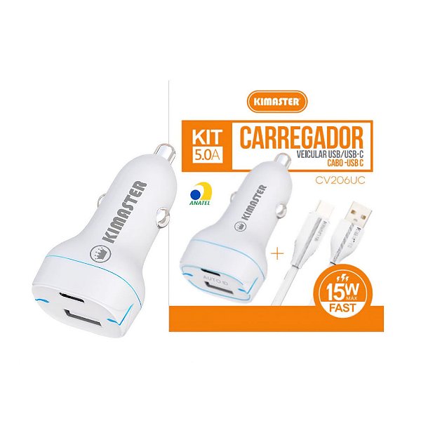 Carregador Veicular 15w Auto Id + Cabo Usb-a/tipo-c 20w Kimaster CV206UC