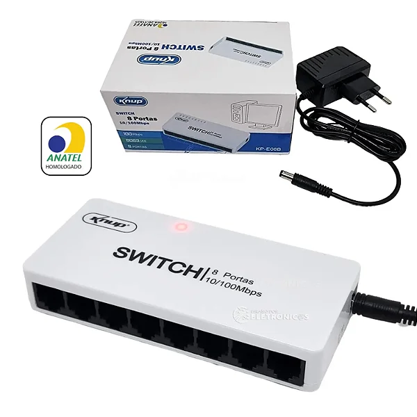 Switch 8 Portas Rj-45 Rede Acompanha Fonte De Alimentação Alta Velocidade 10/100MBPS KP-E08B