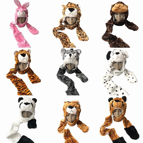 Touca Inverno Pelúcia Gorro Cachecol Animais Bichinho Infantil Juvenil Protetor de Mão para Frio