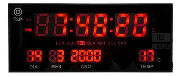 Relógio Digital Parede 45cm Data Hora Temperatura Bivolt Led Vermelha OIH-6208