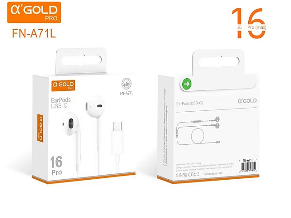 Fone De ouvido Com Fio Tipo C (USB-C) Compatível com a Linha Completa do iPhone 16 Alto Qualidade FN-A71L