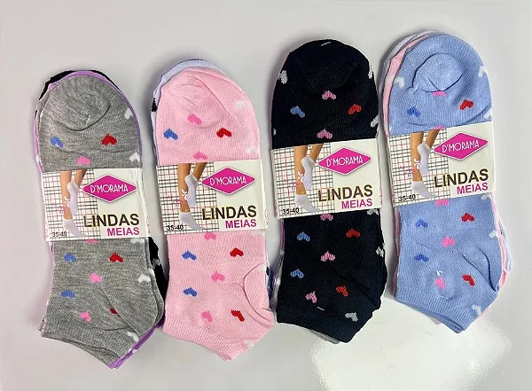 Kit 3 Pares Meias Feminino Adulto Coração MEIA-CORACAO