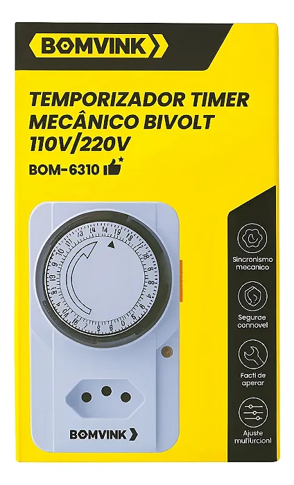 Temporizador Timer Mecânico Bivolt 110v 220v Branco Bonvink BOM-6310