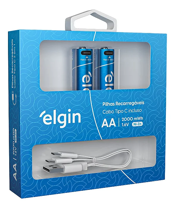 2 Pilhas Recarregável AA Tipo C Com Cabo 2000mah Elgin PILHA-2000