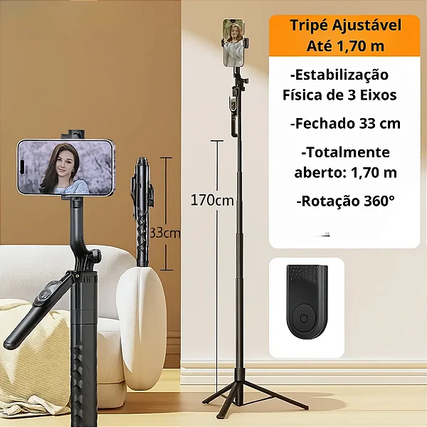 Tripé / Bastão Para Celular Portátil Até 1,70 M Com Controle KA-ZP102