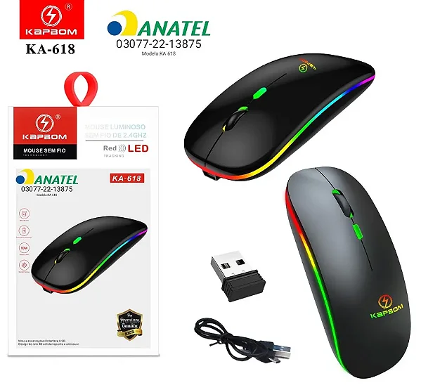 Mouse Gamer Sem Fio Kapbom KA-618 Rgb Recarregável 4 Botões Usb