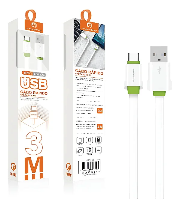 Cabo de Dados USB Tipo C 3m Branco Alta Velocidade H'maston 4.8A H137-3