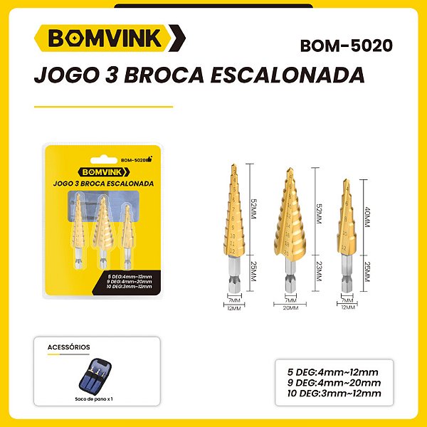Jogo 3 Brocas Escalonada BOMVINK BOM-5020