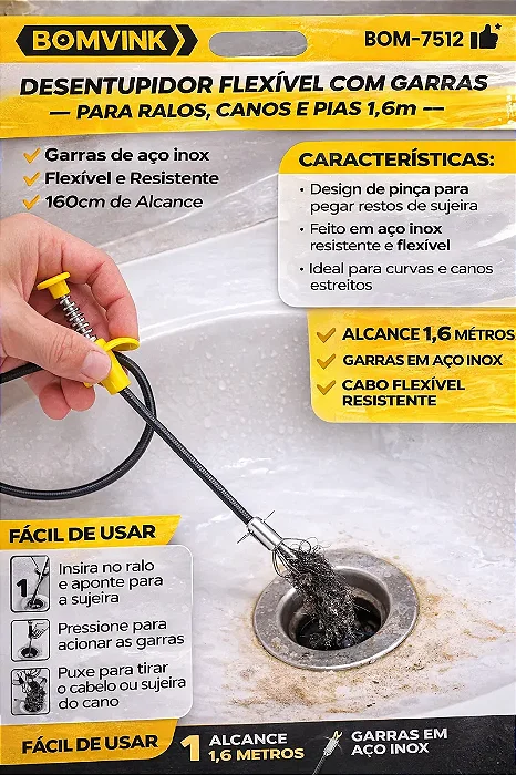 Desentupidor Flexível 1,6m Com Garras Para Ralos Pias Canos BOM-7512