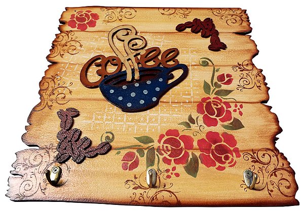 Placa Decorativa Coffee Floral (40x40) com Ganchos