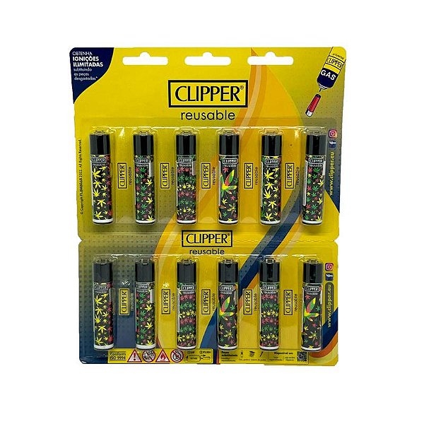 Cartela C/12 Isqueiro Clipper Grande Model:Folhas weed