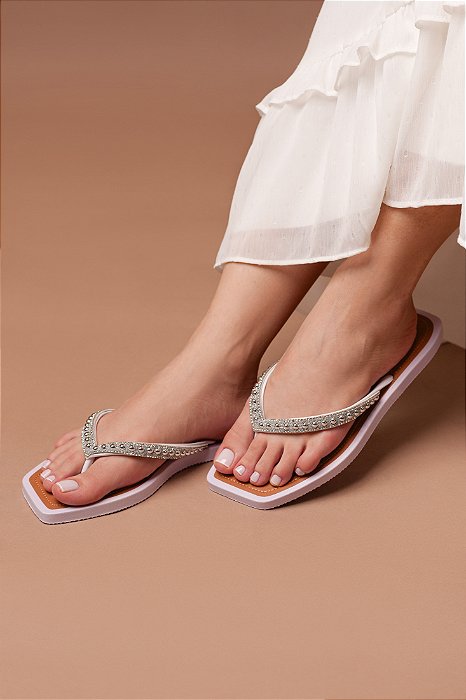 Chinelo STE254 Salete Branco com Strass e Meia Pérola Cristal