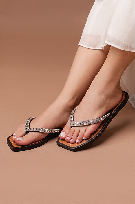 Chinelo STE254 Salete Preto com Strass e Meia Pérola Cristal